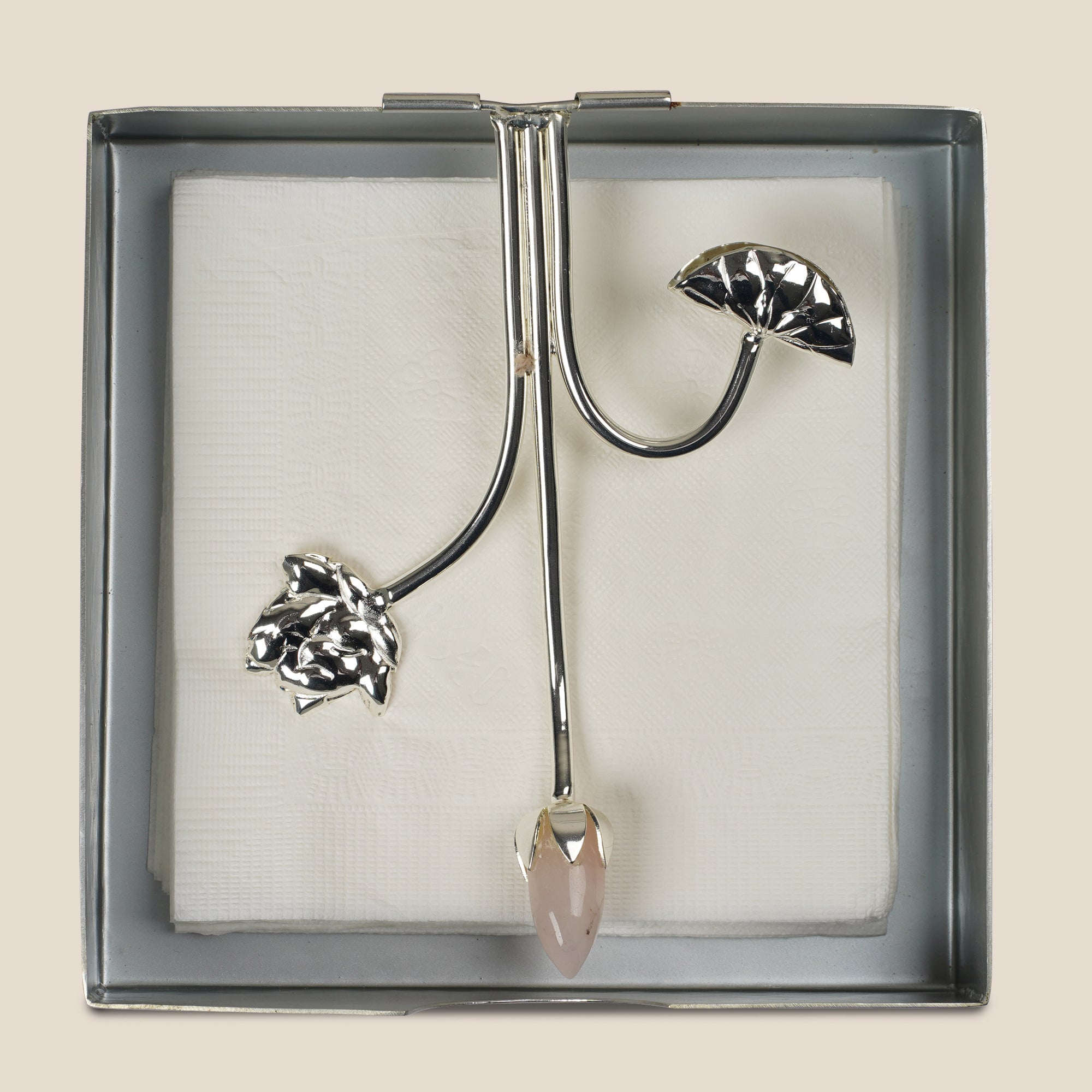 Silver-Plated Napkin Holder with Rose Quartz Accent