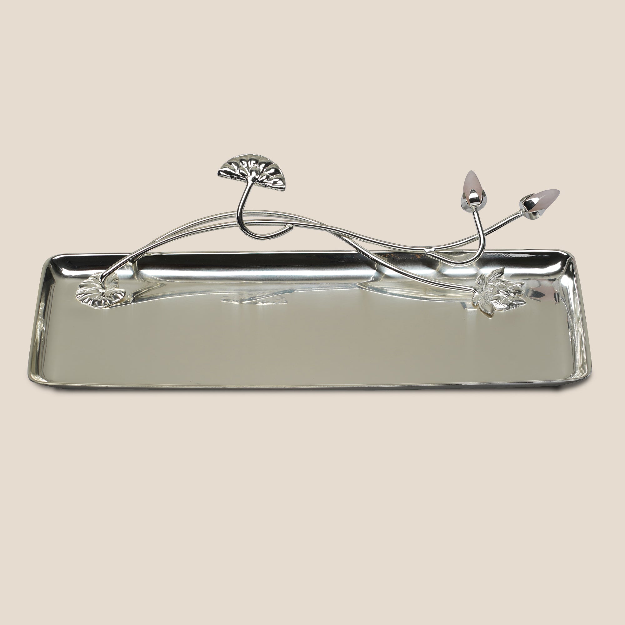Silver-Plated Serving Tray with Rose Quartz Buds