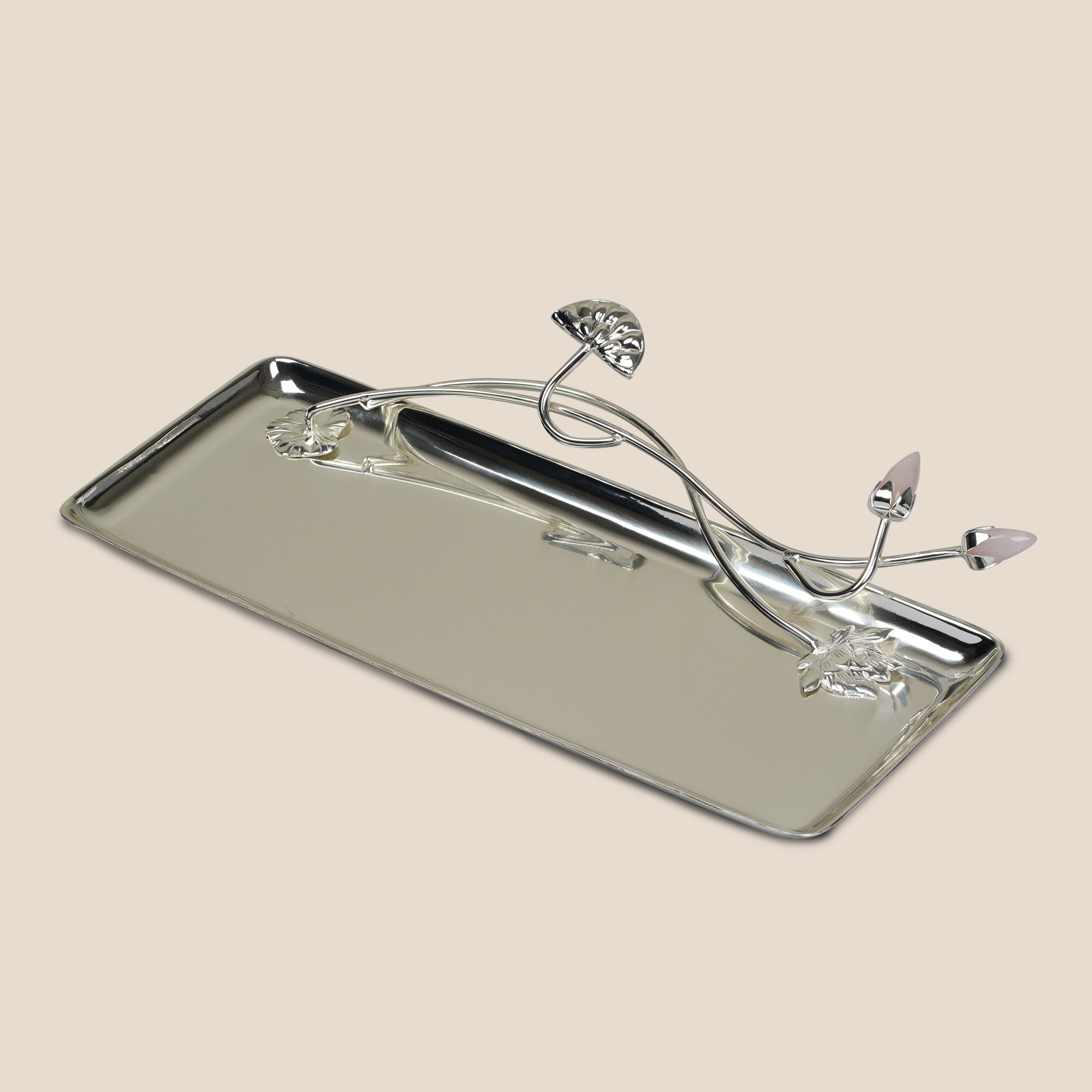 Silver-Plated Serving Tray with Rose Quartz Buds