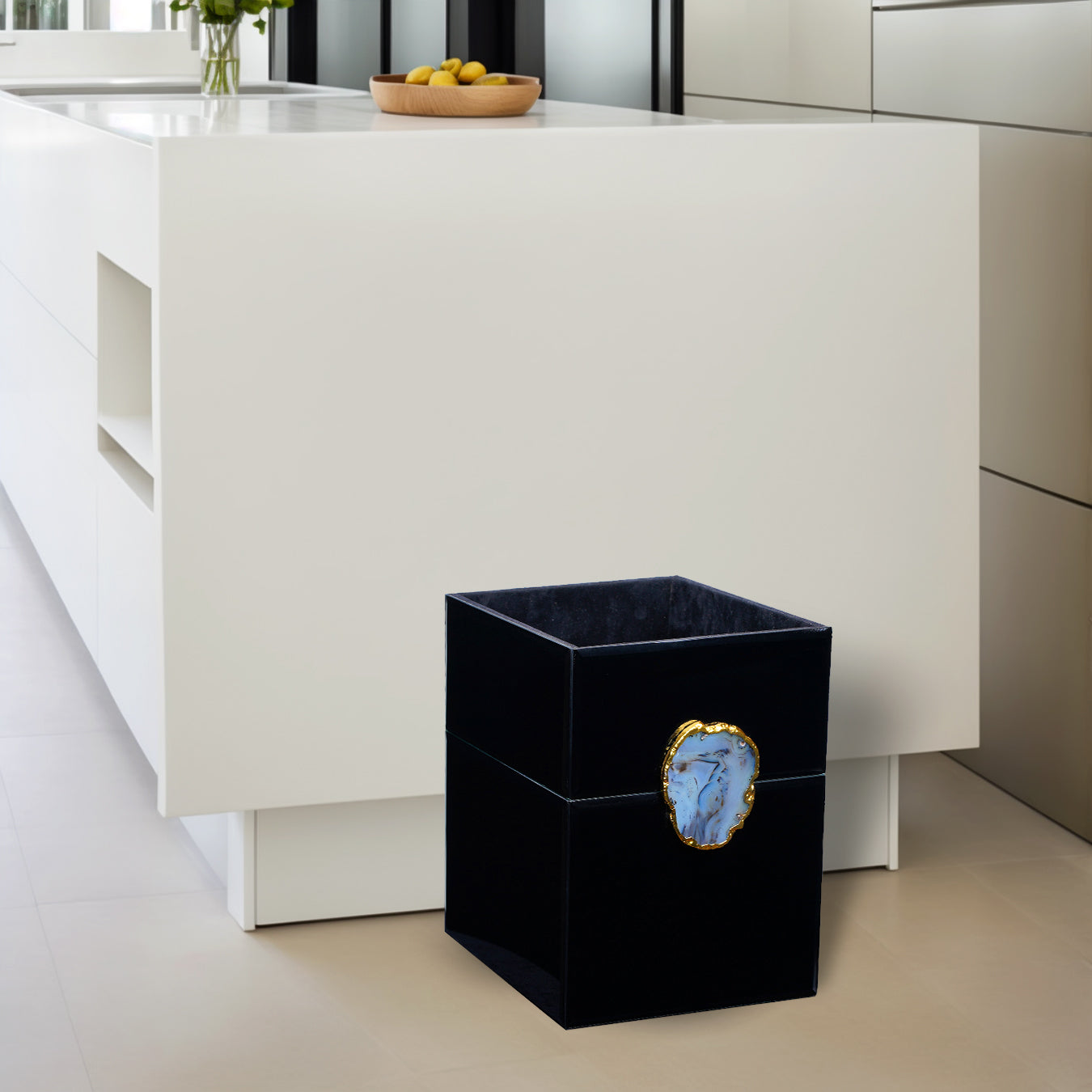 Black Glass Bin with Agate Accent