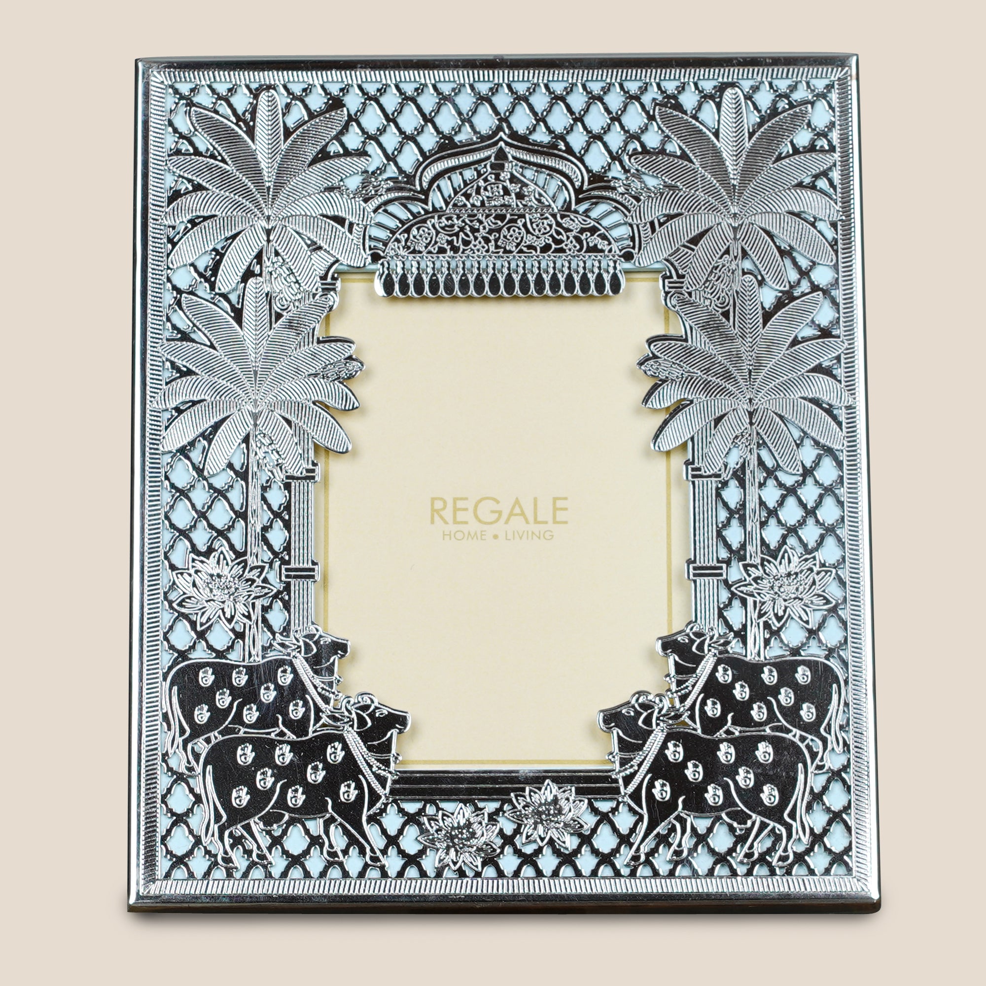 Silver-Plated Brass Frame – Nandi Bull, Palms & Ornate Dome